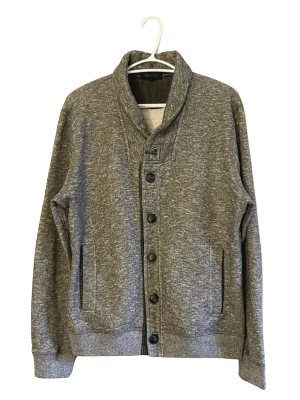 RW&CO. Charcoal Heather Terry Knit Shawl-Collar Button-Up Cardigan — Large EUC